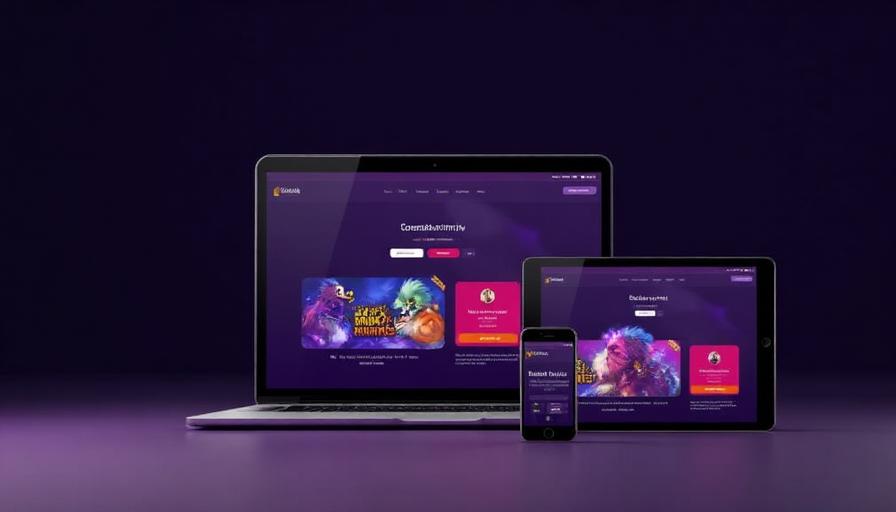 Gaming platform weergegeven op laptop, tablet en smartphone met kleurrijke interface