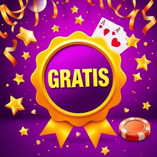 Gratis spelen badge met gouden sterren en confetti op donkerpaarse achtergrond