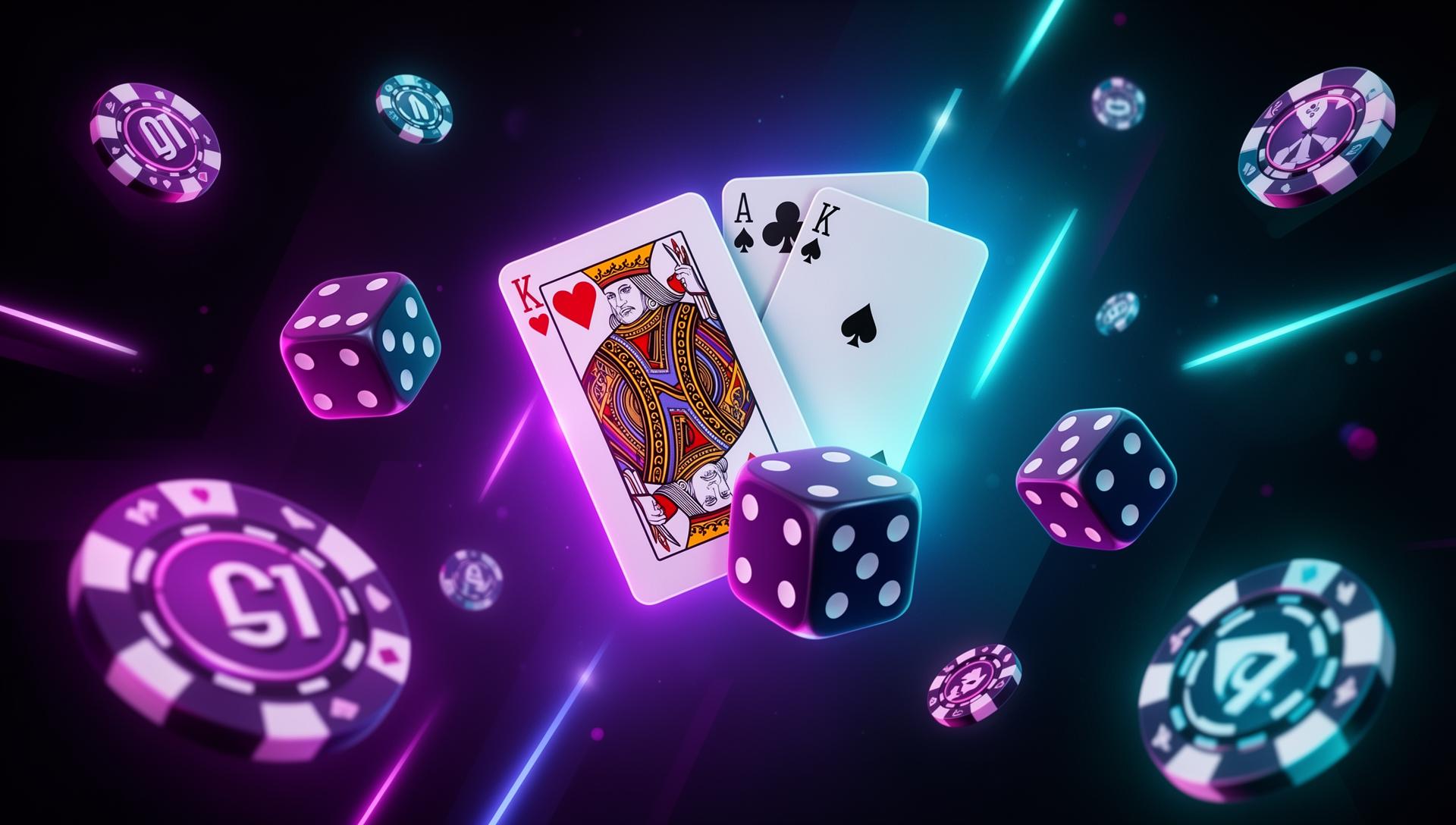 Gaming hero: spelkaarten, dobbelstenen en neonlichten in futuristische stijl